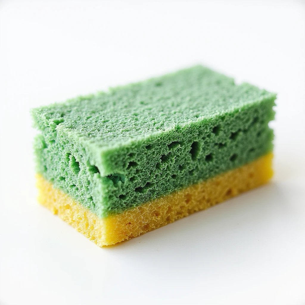 realistic kitchen sponge, green and yellow, with visible pores, photorealistic style emoji