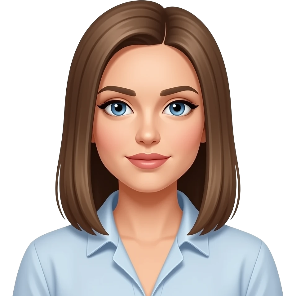 make her have longer hair to the collar bone but straight. And slightly lighter brown hair with blue eyes. Add a back shirt emoji