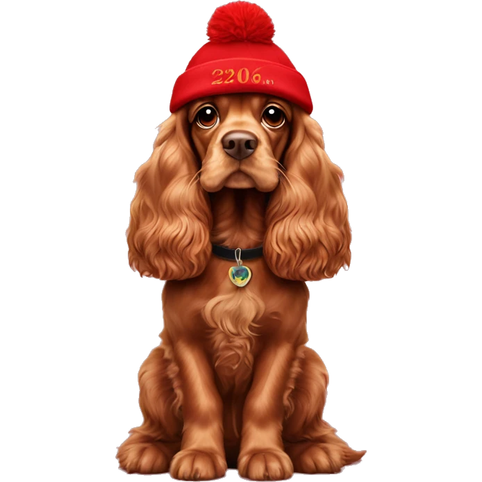 A full-length, adult, red cocker spaniel in a New Year's cap, siting emoji