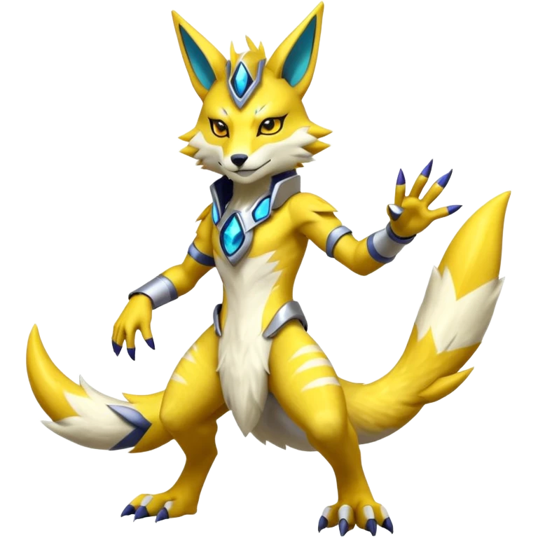 Modern anthropomorphic furry futuristic shiny colorful Lombax-Zeraora-Renamon-fusion (full body) emoji
