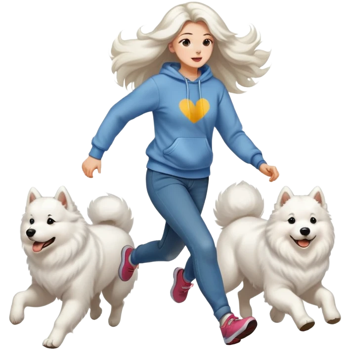 A beautiful girl with long hair wearing a sweatshirt and jeans is running with a Samoyed emoji