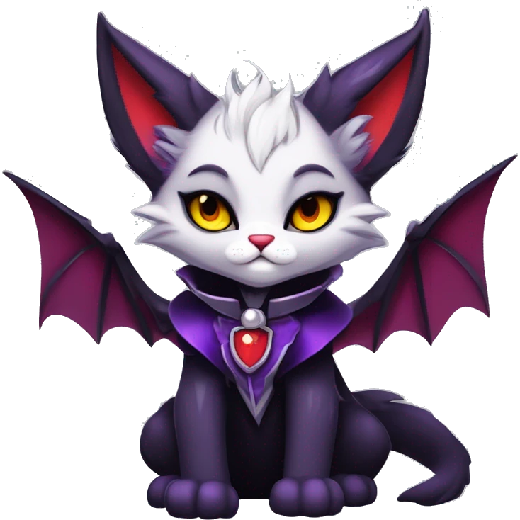 Anthro-Cute-Edgy-Cool-Vampiric-Batty-Cat-Black-Purple-Red-Grey-White-Yellow-Contrast-Colors-Fantasy-Fur-Sona-Chibi-Shiny-Fakémon-Hybrid with horns and fangs and collar full body emoji