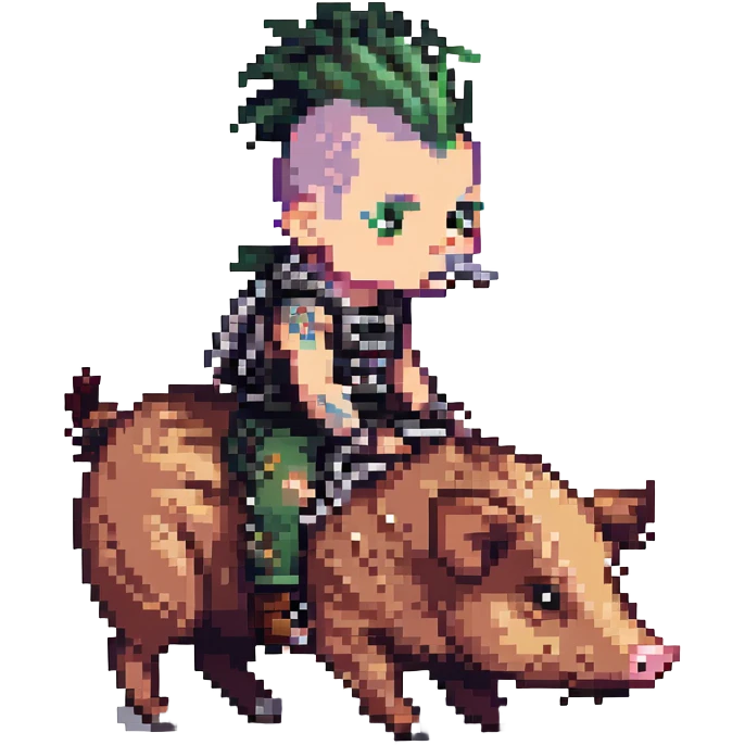 a punk riding a wild pig, pixel art style emoji