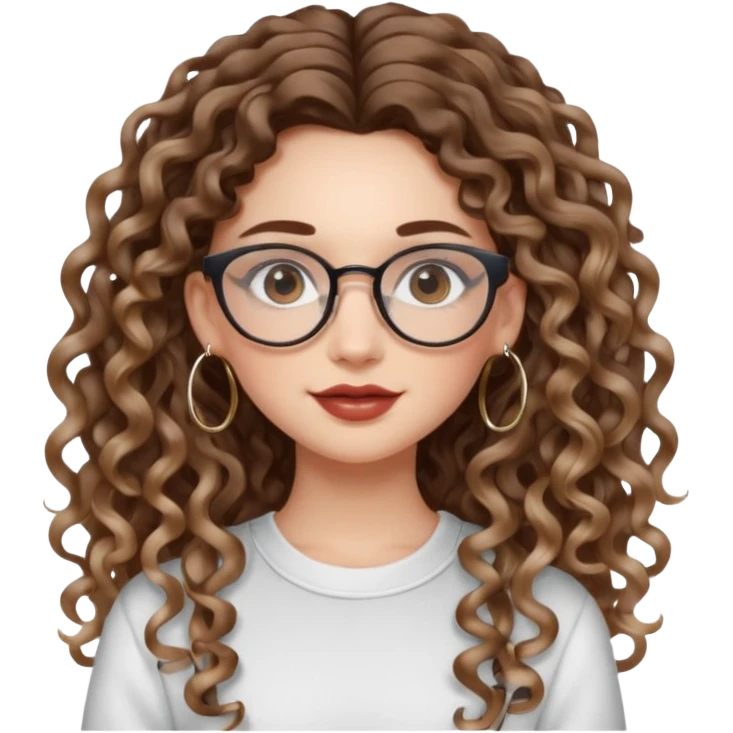 cute whilte girl with not volominous VERY LONG curly hair with balayage, brown eyes, full lips, natural clean girl makeup and hoop earrings and glasses emoji