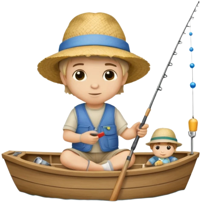 Little boy on a little boat fishing, felt texture, scrapbooking, precious moments style character emoji