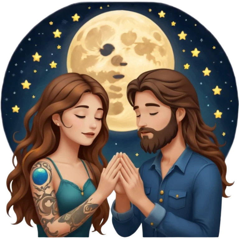 woman with long wavy brown hair tattoos and man with long brown hair beard, foreheads touching, shared glowing moon between hands emoji