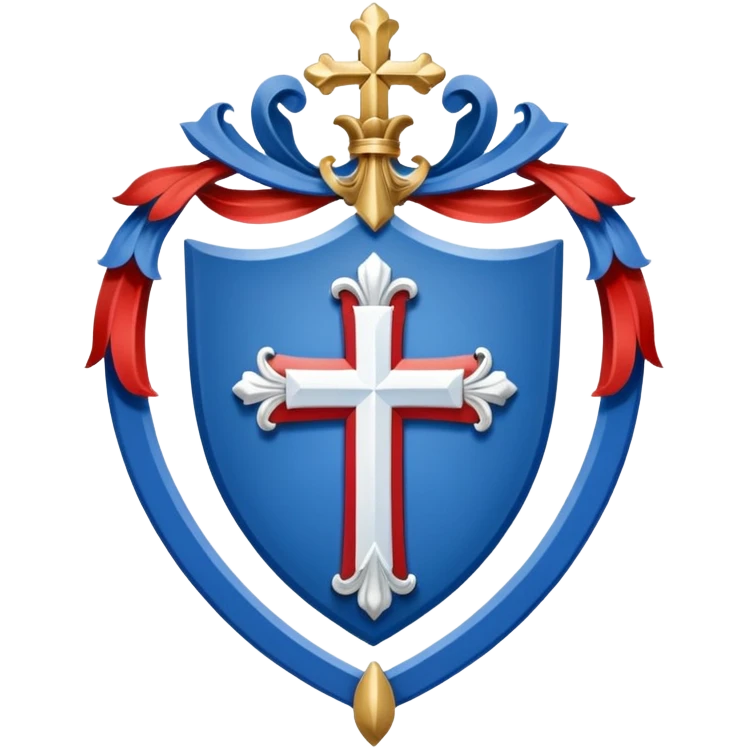 medieval heraldic blason with red background, white cross at the center, blue, white, red composition, finely detailed emoji
