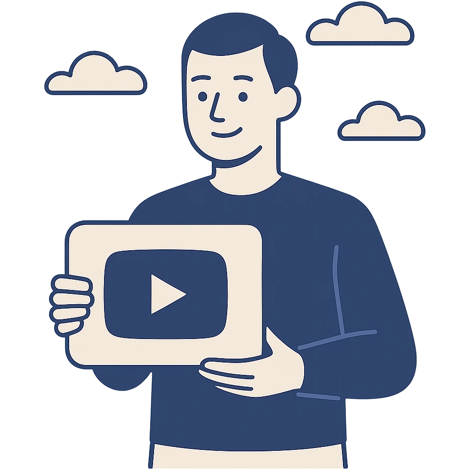 a man looking at the camera holding a YouTube logo, clean modern illustration style emoji