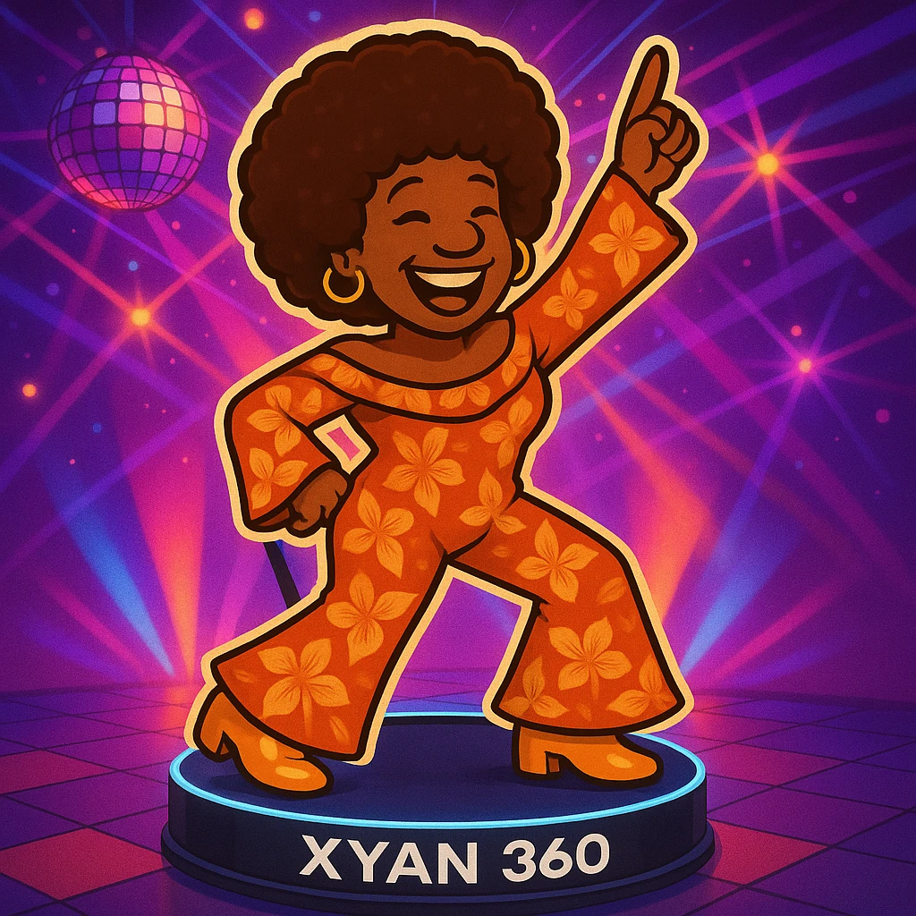 Place the disco emoji character on a Xyan 360 photo booth platform, posing for a fun event. Keep the disco vibe vibrant and colorful, and ensure the photo booth platform is clearly visible in the scene. emoji