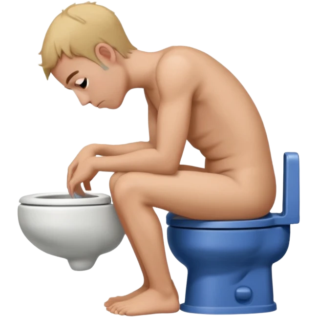 Man siting in a toilet bowl head down hands on the knee the side side view emoji