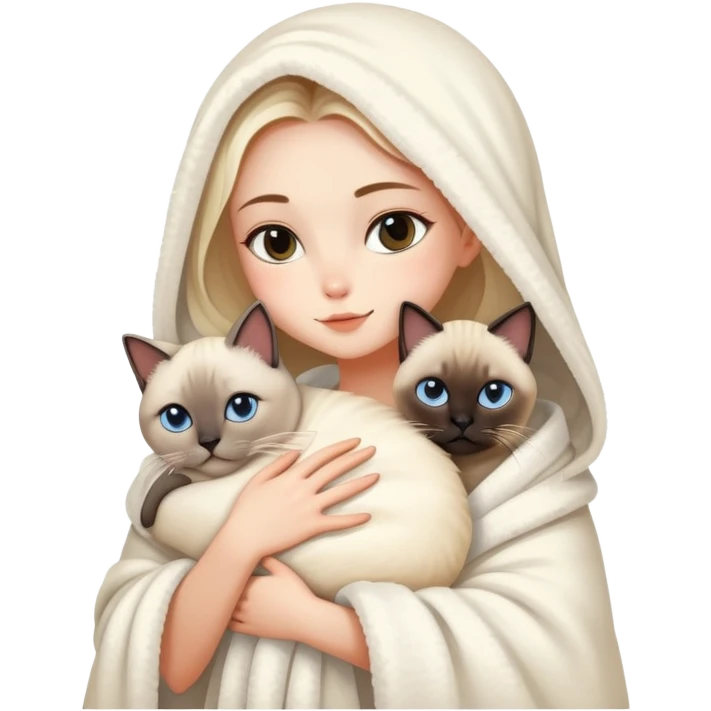 A beautiful girl wrapped in a fluffy blanket hugs a Siamese cat emoji