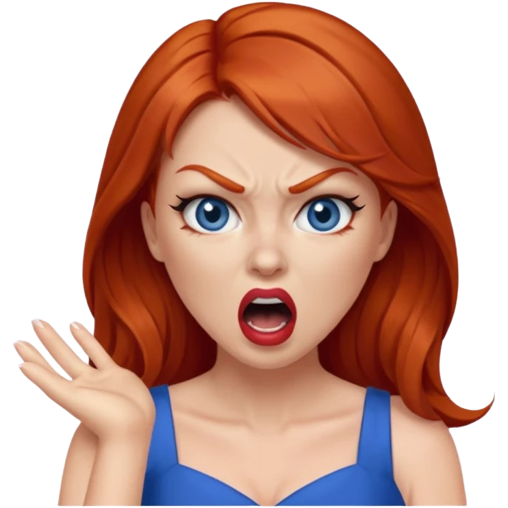 mujer pelirroja con los ojos y los labios maquillados enojada gritando con vestido azul emoji
