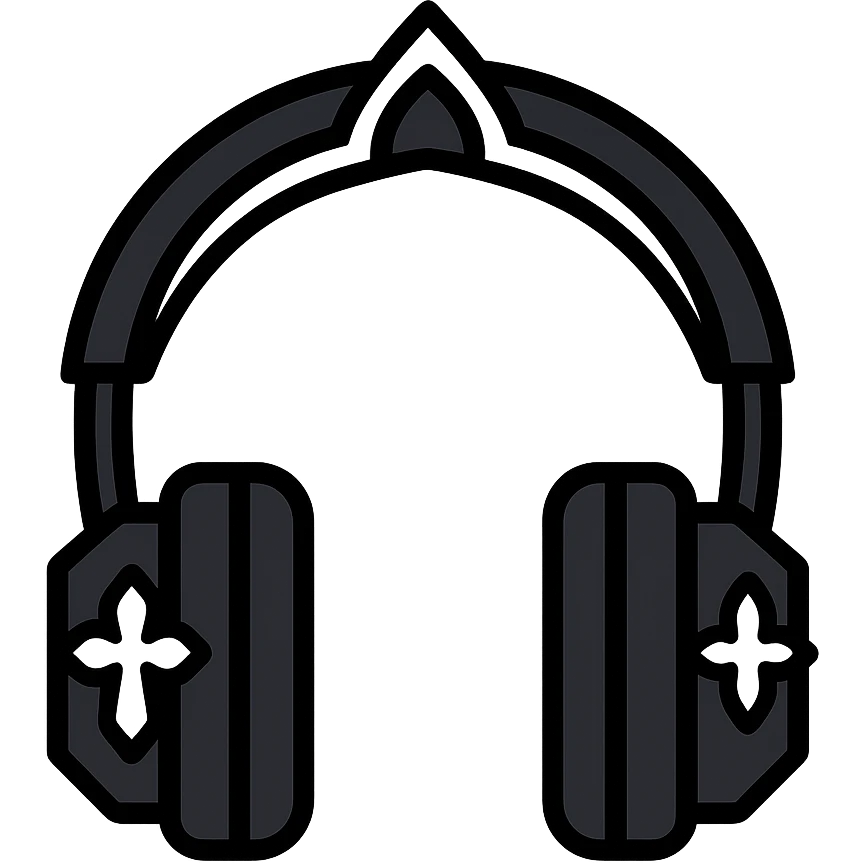 black gothic headphones with black outlines, black and silver gothic accents, color outline style emoji