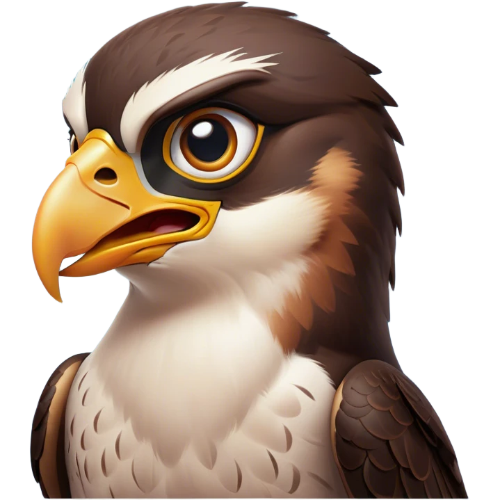 Cinematic Comical Falcon Portrait Emoji, Head tilted dramatically with an exaggeratedly shocked expression, featuring a sharply defined beak and wide, comically expressive eyes full of playful disbelief, Simplified yet hilariously expressive features, highly detailed, glowing with a slightly sassy glow, high shine, dramatic yet playful, stylized with an air of cheeky aerial mischief, soft glowing outline, capturing the essence of a meme-worthy falcon that looks ready to side-eye its way into viral fame! emoji