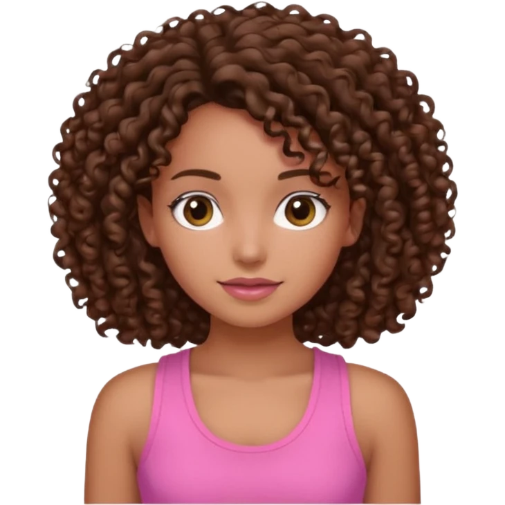 Uma menina com o cabelo cacheado é morena, e com uma regata rosa emoji