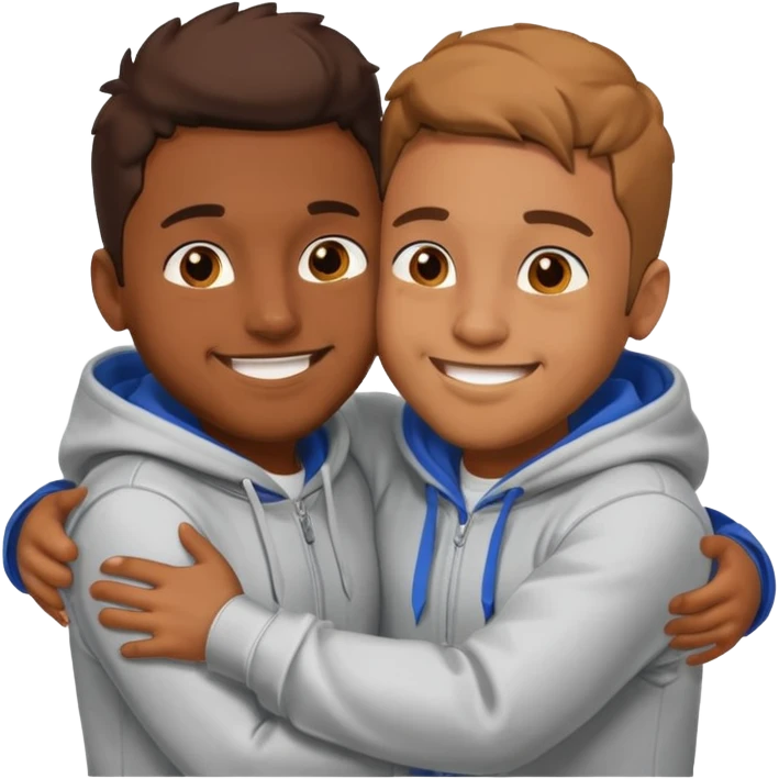 two happy brown skin guys hugging, in hoodies emoji