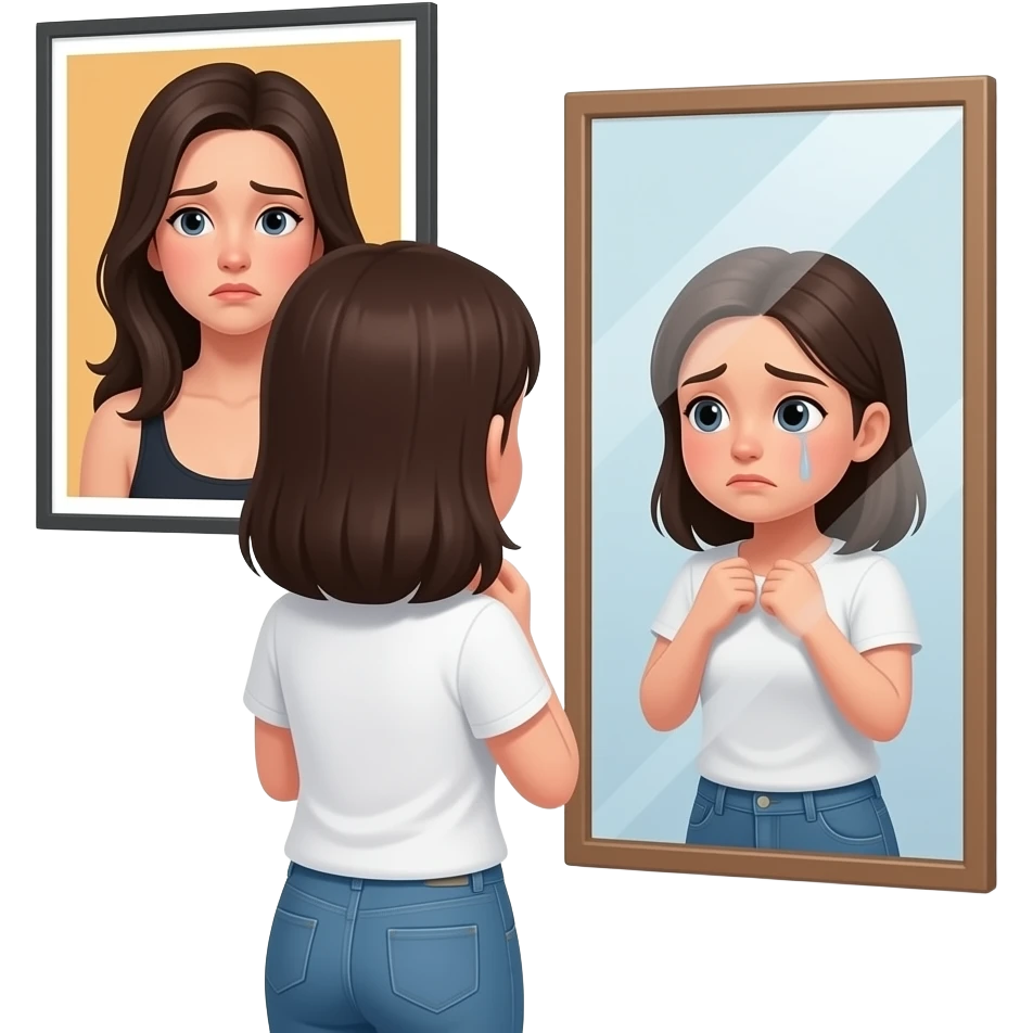 una chica triste  viendose en un espejo ,su propio reflejo se cubre el cuerpo y hay en poster que muestra a una chica  con un buen cuerpo emoji