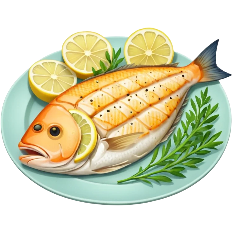 Draw a grilled fish fillet on a plate with lemon slices & herbs. emoji