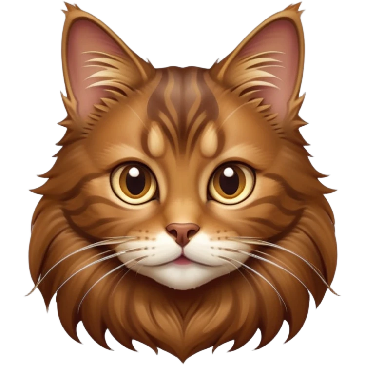 cinematic-cute brown-maine-coon-cat-portrait-emoji,-head-tilted-playfully-and-inquisitively,-sleek--brown-and-gold-tones-with-hints-of-deep-auburn-fur,-simplified-yet-adorable-features,-highly-detailed,-glowing-with-a-warm,-friendly-glow  emoji
