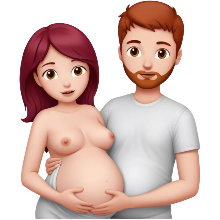 Beautiful burgundy haired pregnant girl with boyfriend holding stomach emoji