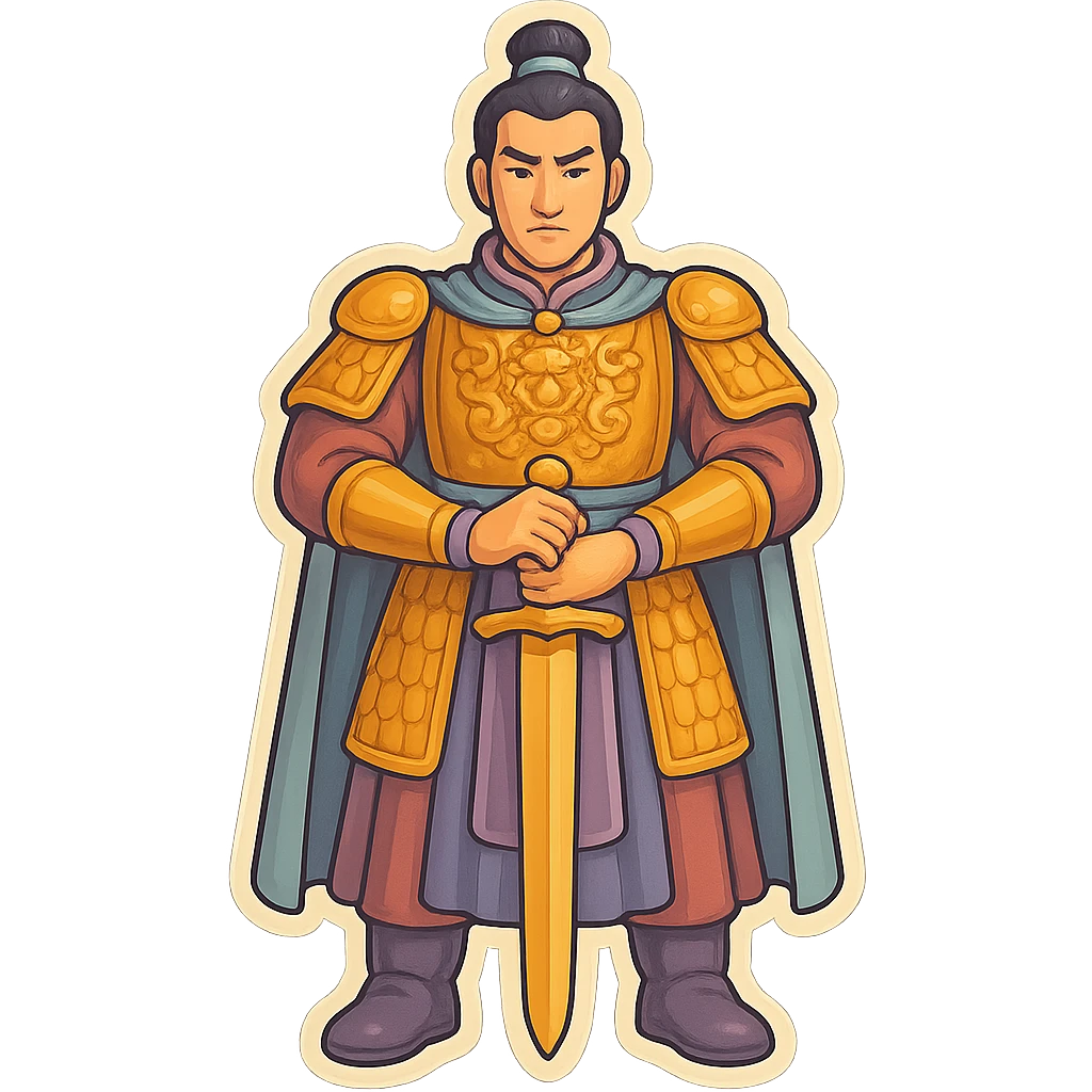 Make a full-length general with normal leg proportions, facing forward as in the reference. Use retro sticker style with high detail, pronounced shadows and highlights, clean lines, soft rounded shapes, and a pastel palette including #98B5BC, #B5B3C1, #C9A3C9, #E4C0CA, #F7DCD1, #F7C0AA. Transparent background. emoji
