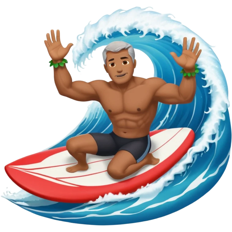 Dark muscular 50 year old man lei riding a big wave emoji