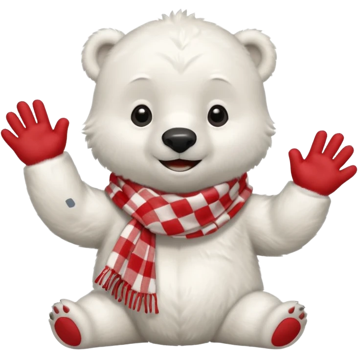 baby Polar Bear, smiling, hi five, wearing red Checkered Triangle scarf emoji