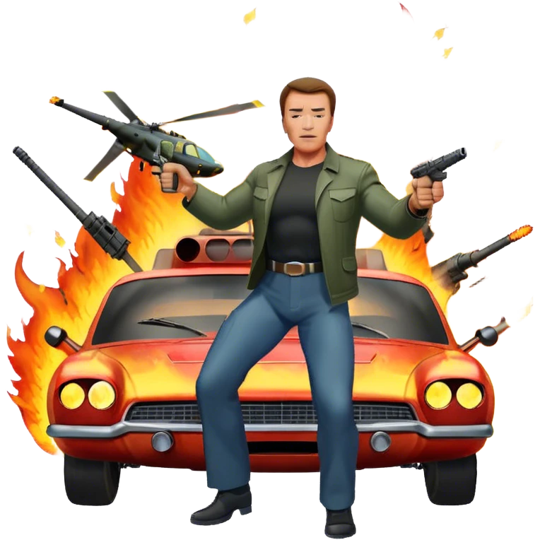 Icon for Action Movies: Arnold Schwarzenegger in the lead role, in an intense action pose with weapons, explosions, a car and helicopter flying out of flames in the background. The design should capture the explosive energy and heroism of classic action films. Transparent background. emoji