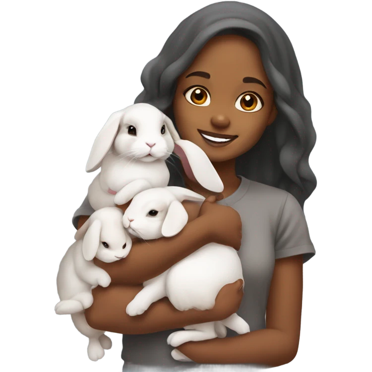 Black Muslim girl holding her 3 cute orange, gray, and mix colored holland lop bunnies emoji