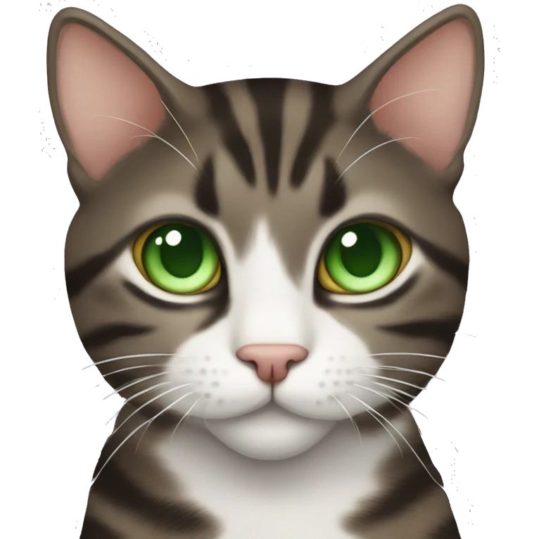 Dark Brown and white tabby cat with green eyes emoji