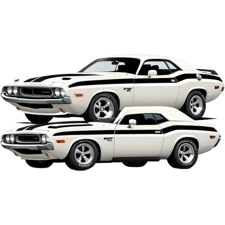 Minimalist white 1971 Dodge Challenger muscle car, side view, iconic white paint job, black stripe on the side, classic American muscle car from the movie Death Proof emoji