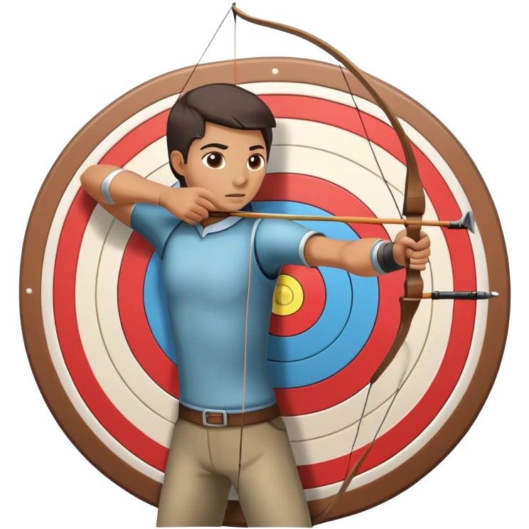 An archer pulling back a bowstring, aiming at a target in the distance. The target features concentric rings, and the scene conveys focus and precision. The background captures the essence of an outdoor archery range, highlighting skill and concentration in the sport. emoji