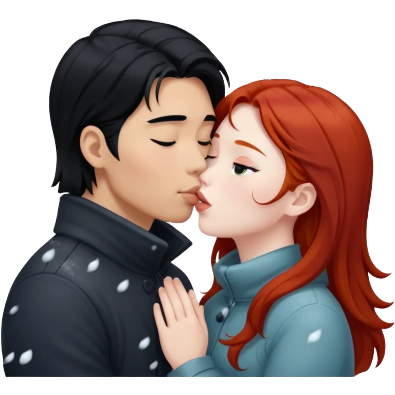 long black haired asian guy kisses redhead girl in snowstorm emoji