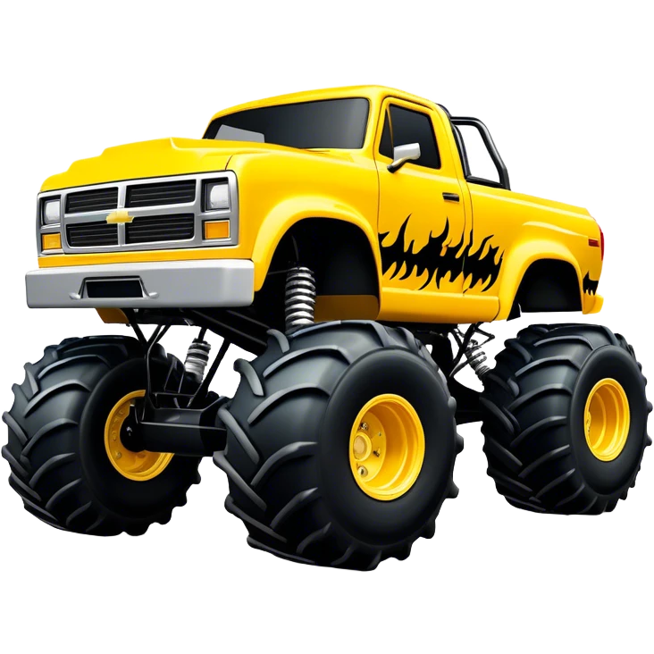 Maximum Destruction - Monster Jam (Model Year: 2021) (Iconic colour: Yellow with black flames) - A ferocious monster truck featuring a vivid yellow base accented by dramatic black flame patterns. Emphasize sharp, high-contrast flame streaks across the body, creating a look of aggressive, explosive energy. emoji