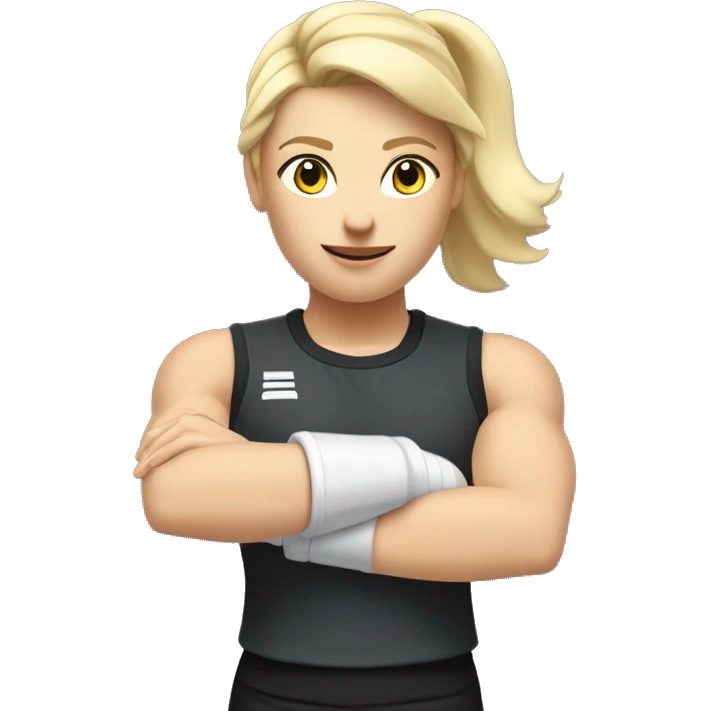 Close up Actively gesturing  with hands Pale skinned Fit woman With the biceps and blonde hair in dark gray Sleeveless Mike, black sports shorts, watch and white Sneakers emoji
