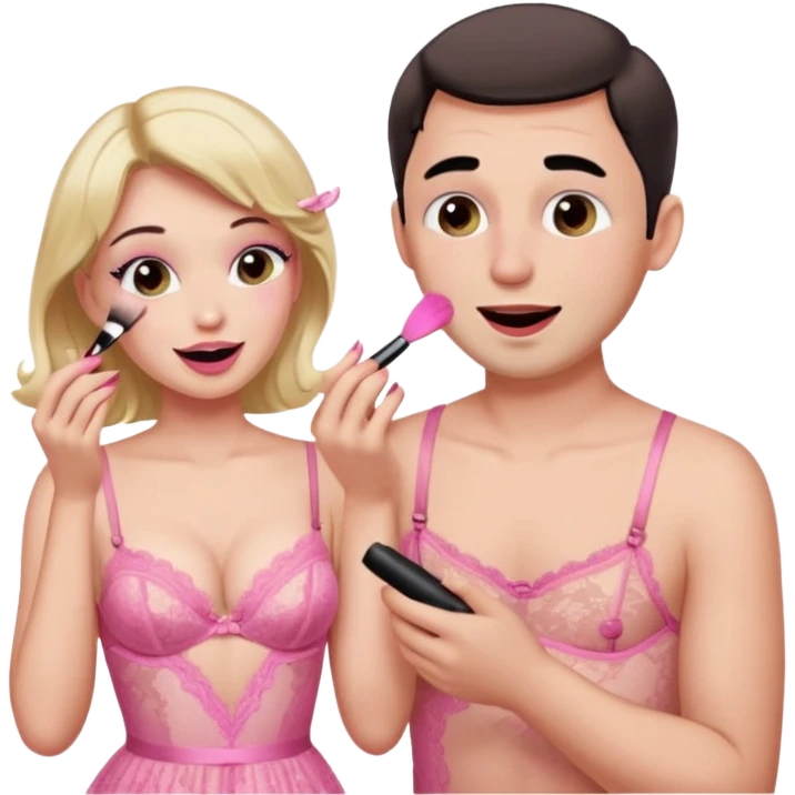male getting sissified in lingerie dress by his wife. the wife is crying with laughter. she is doing the males makeup emoji