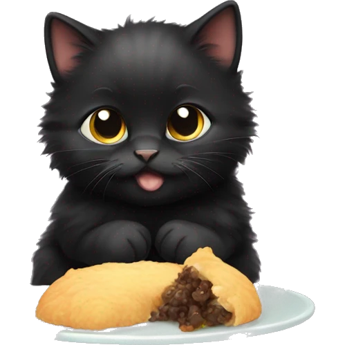 fluffy fat black kitten eating emoji