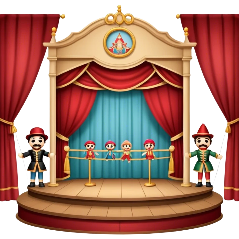 Icon for Puppet Theater: a puppet stage with curtains and marionettes performing on stage. The icon should represent the charm and artistry of puppet theater, with focus on the puppet and the stage setting. Transparent background. emoji
