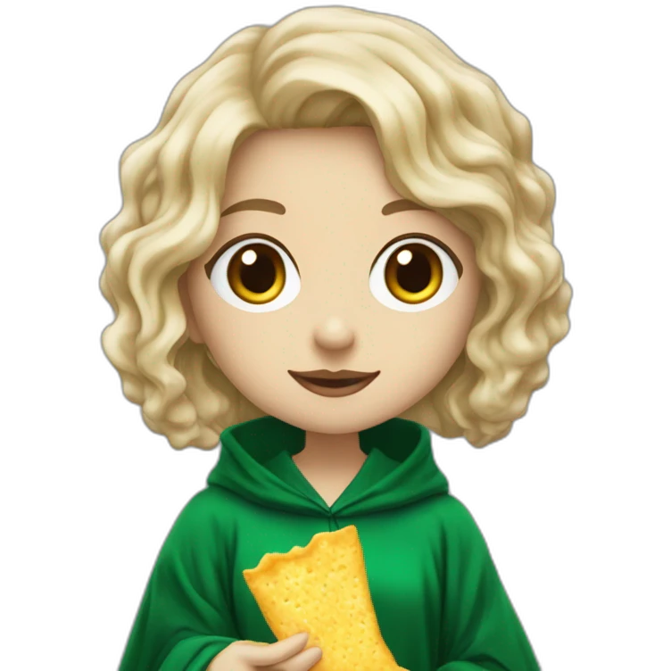Girl Blue eyes Slytherin robe with short wavy ash blonde hair eating chips and cheese hogwarts robe emoji