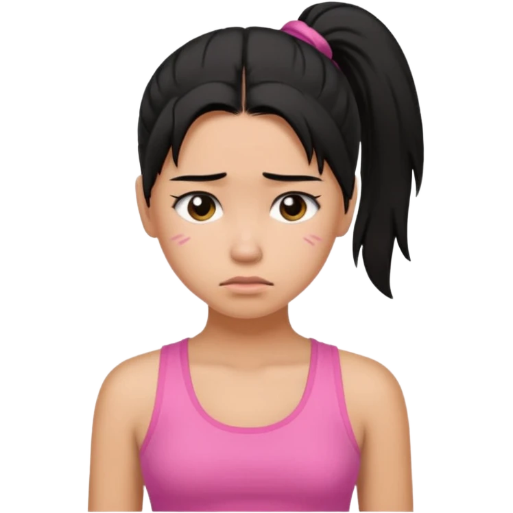 A tan girl with black hair in a ponytail. Wearing a pink tank top. Looking sad emoji