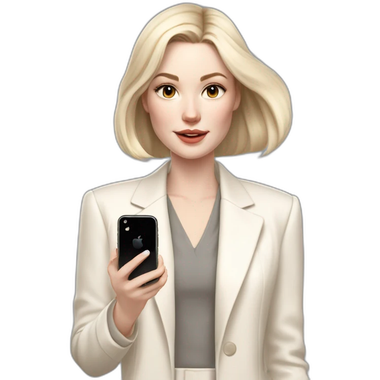 pale skin woman with ash blonde Straightened bob Hair, White Spacious classical jacket, beige palazzo Arrow pants and gray blouse holding white IPhone 14 pro in the hands emoji