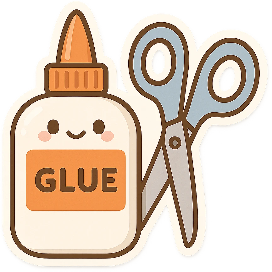 bottle of glue with orange label and tip and a pair of blue scissors, flat toon vector illustration, kawaii minimal emoji