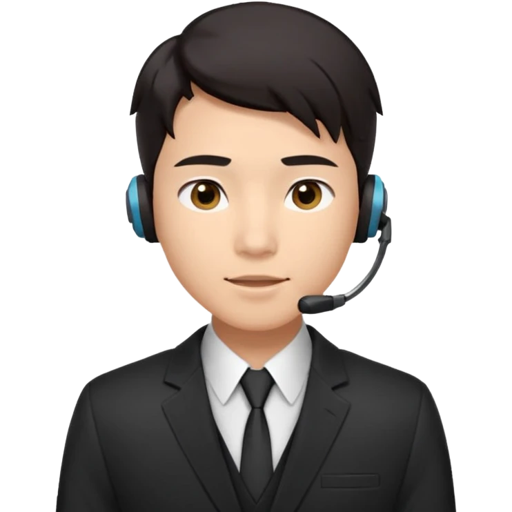 A young Asian man with smooth light skin, dark hair that swoops upward in the front, expressive eyes, a clean-shaven face, and a call-center style headset over one ear, usually paired with a crisp shirt and suit jacket visible from the chest up. emoji