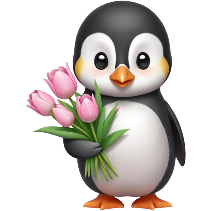 Cute baby penguin holding flower bouquet wraped in white paper and all flowers tulips in pink colour emoji