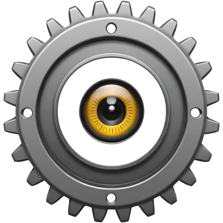 Minimalist emoji-style sticker of a mechanical gear with a realistic eye in the center. Flat graphic icon in grayscale. emoji
