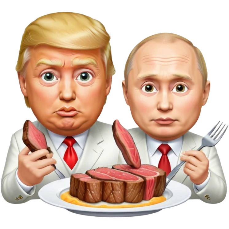 photorealistic Donald Trump and Putin eating a steak shaped like an piece of landemoji emoji