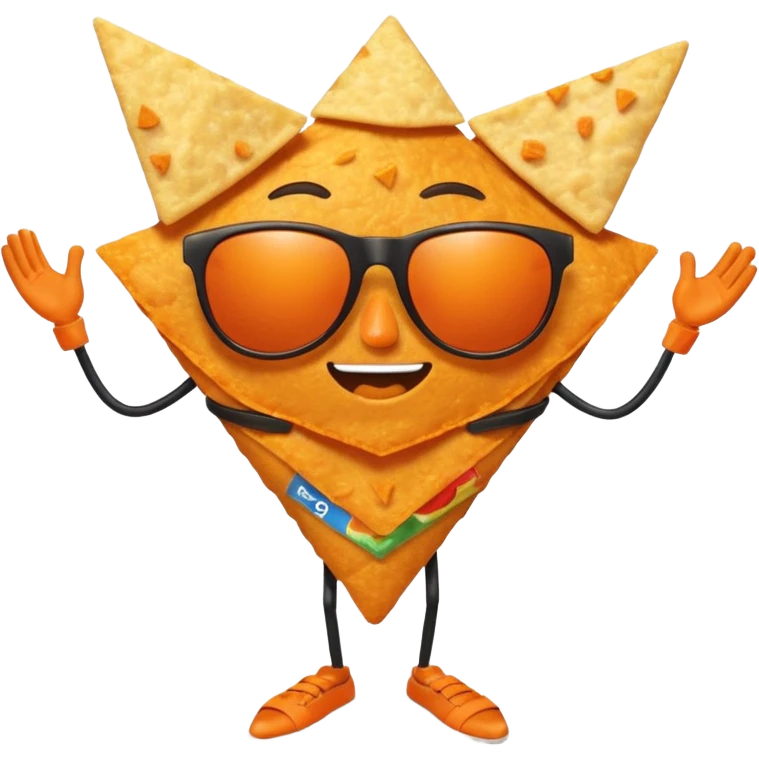 A dorito chip, with legs, arms, and a face. It can be seen wearing sunglasses emoji