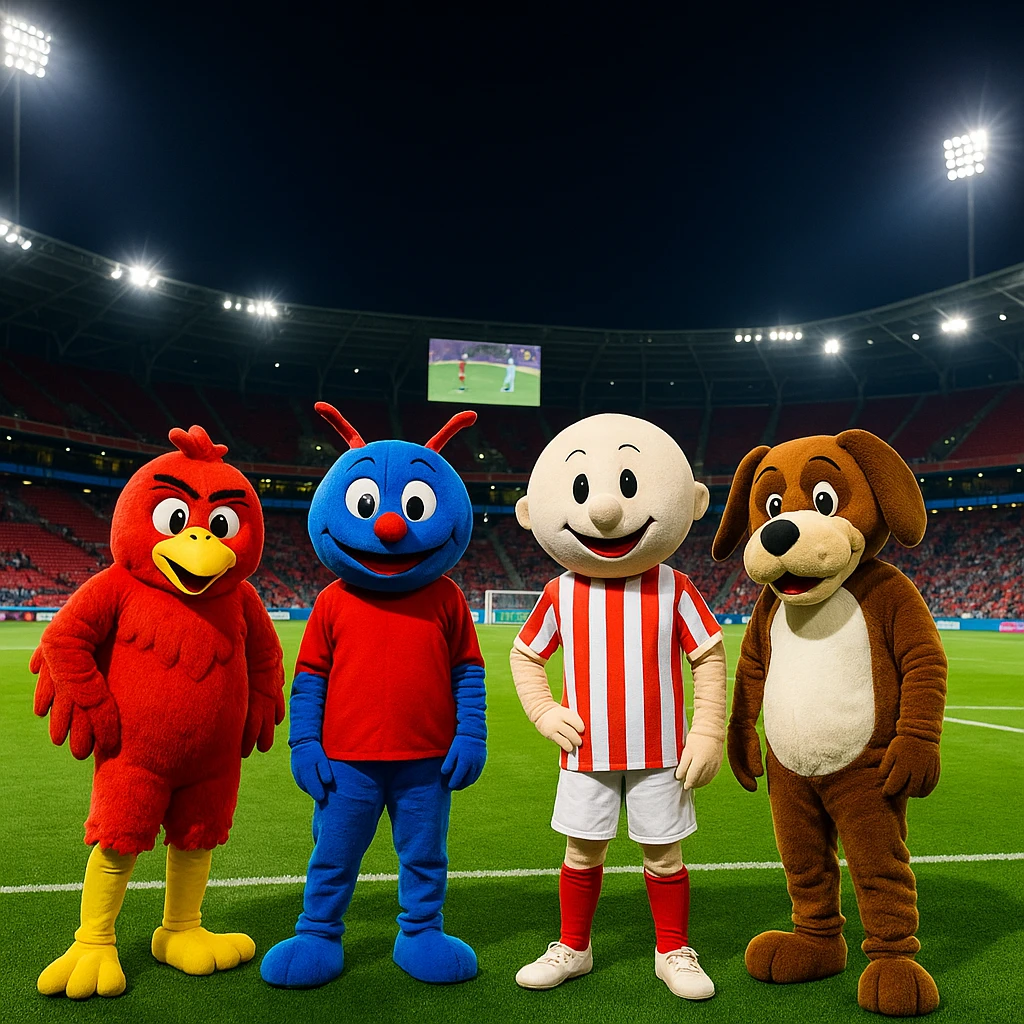 A vibrant night photo of a modern soccer stadium with bright lights illuminating a green grass field. Five mascots in colorful costumes stand in a row: a red and white mascot on the left, a blue and red mascot in the center, a white and red striped mascot next to it, and a brown and white mascot on the far right. The stadium has empty red seats, a large screen showing a soccer match, a visible crowd in the distance, and a fun, casual sports event atmosphere under a night sky. emoji