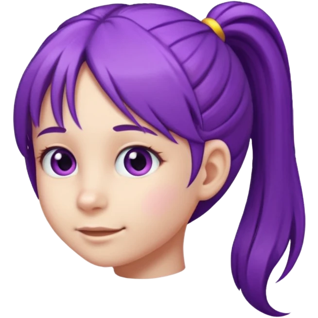 5-year-old girl with long purple hair arranged in one long ponytail starting from the forehead and going backward to the back, emoji style emoji