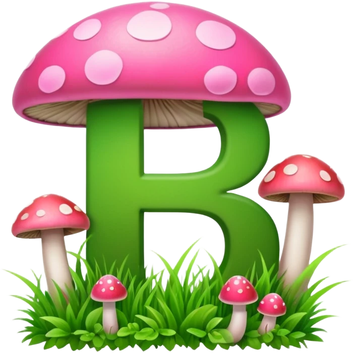 Double letter P, pink and green, with grass growing, mushrooms around emoji